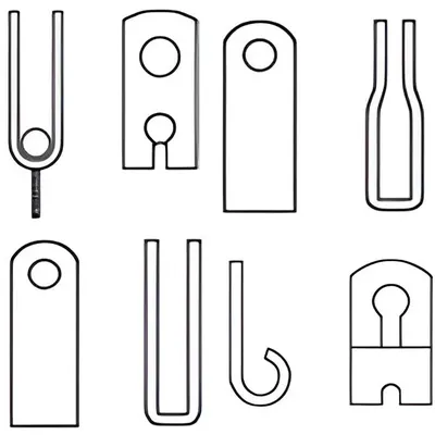 Ilustración de horquillas rectas y curvas sin cuerda, utilizadas como piezas de unión en mecanismos incluidos en accesorios automotrices